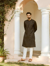 Men Jet Black with Silver Stripes Chanderi Silk Sequins Kurta With Pajama