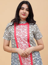 Women White with Multicolor Floral Printed Yoke Design Cotton Kurti