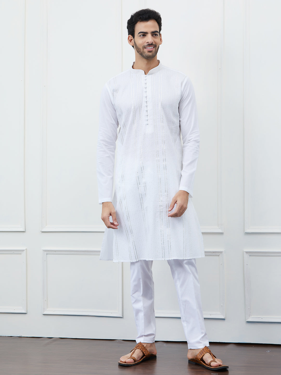 Men White Cotton Silver Thread Work & Sequence Kurta