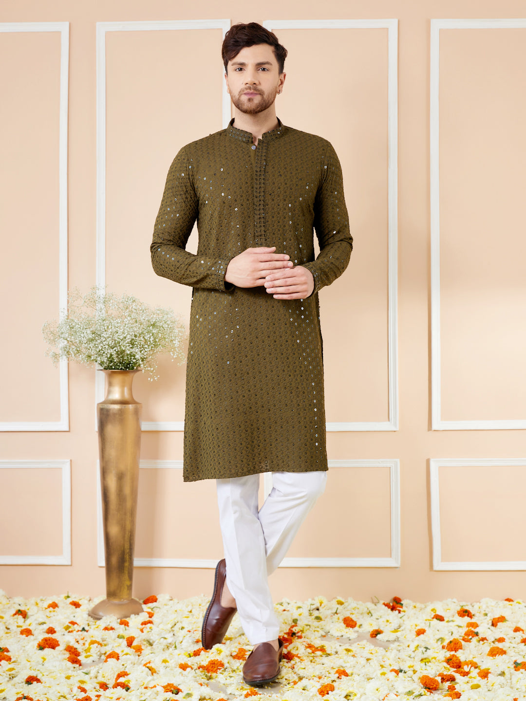 Men Olive Floral Embroidered Sequined Rayon Kurta