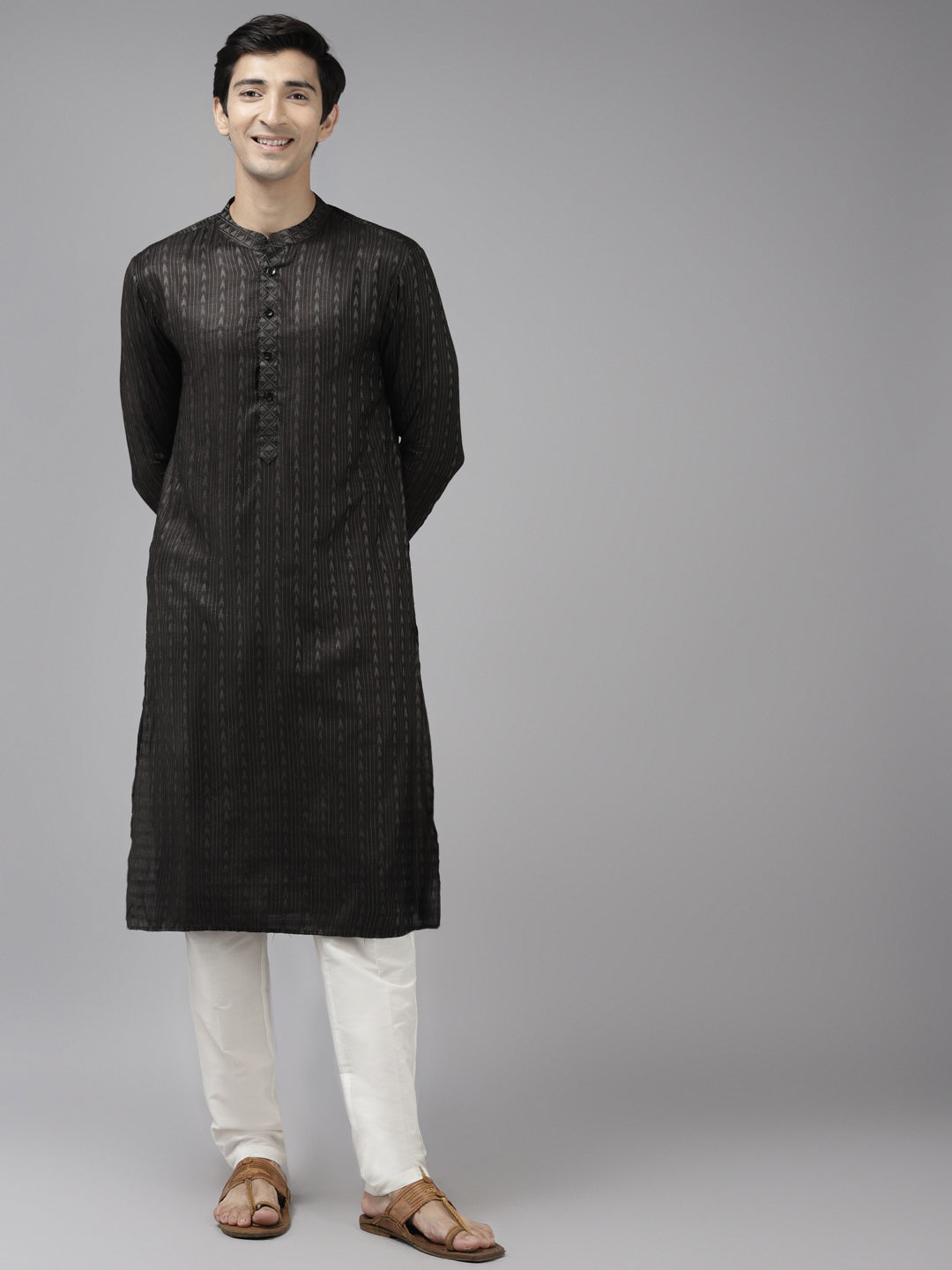 Men Olive & Beige Woven Design Thread Work Kurta