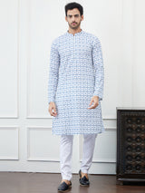Men White And Blue Chikankari Embroidered Cotton Kurta Set