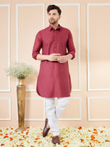 Men Maroon Cotton Solid Pathani Kurta