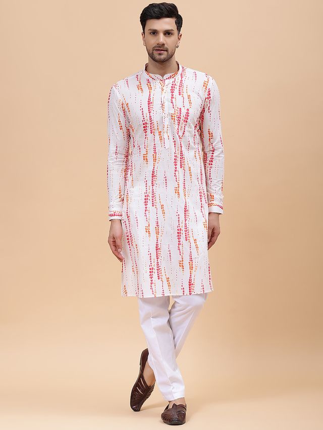 Men White & Pink Pure Cotton Printed Straight Kurta With pyjama