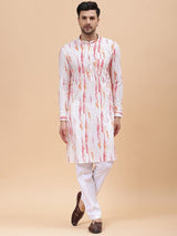 Men White & Pink Pure Cotton Printed Straight Kurta With pyjama
