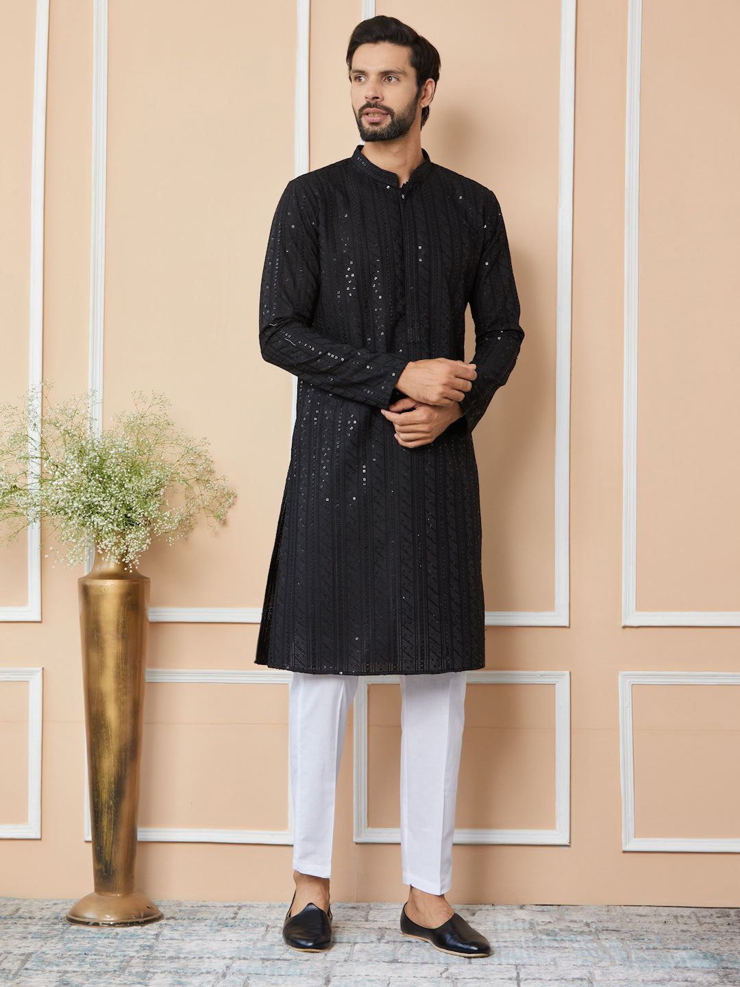 Black Sequins Embroidered Chikankari Pure Cotton Straight Kurta with Pyjama