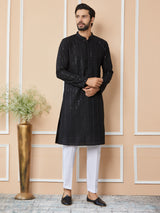 Black Sequins Embroidered Chikankari Pure Cotton Straight Kurta with Pyjama