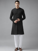 Men Black Cotton Straight Kurta with Slub Effect With Pajama