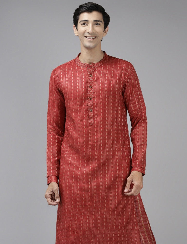 Men Maroon & Beige Woven Design Thread Work Kurta