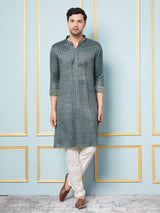 Men Blue & Green Woven Design Thread Work Kurta With pyjama