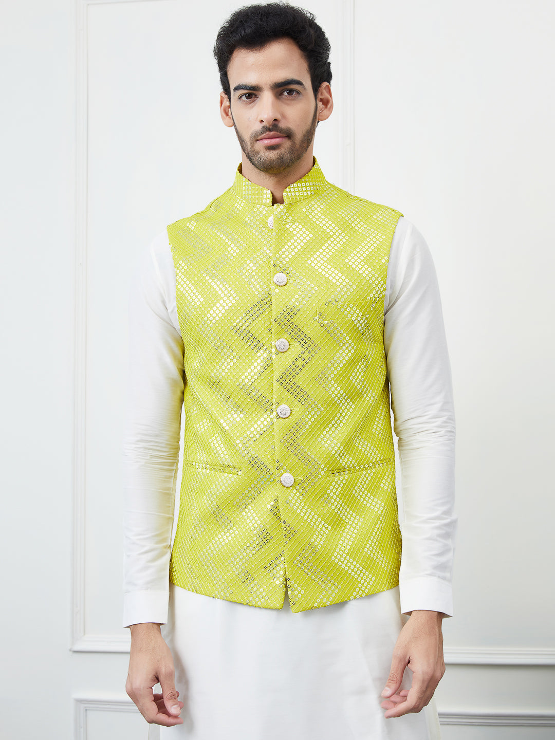 Men Lime Green Color Woven Design Thread Work Sequence Nehru Jacket