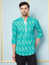 Men Turquoise & White Printed Cotton Short Kurta