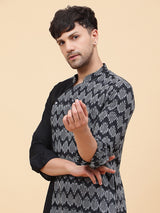 Men White And Black Ikat Printed Kurta