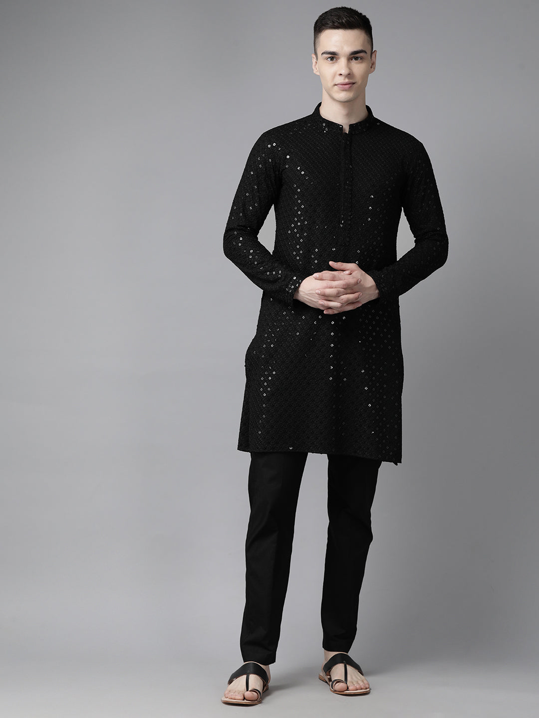 Men Black Floral Embroidered Sequins Rayon Kurta With pyjama