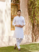 Men White Cotton Pintex Design Thread Work Kurta With Pajama