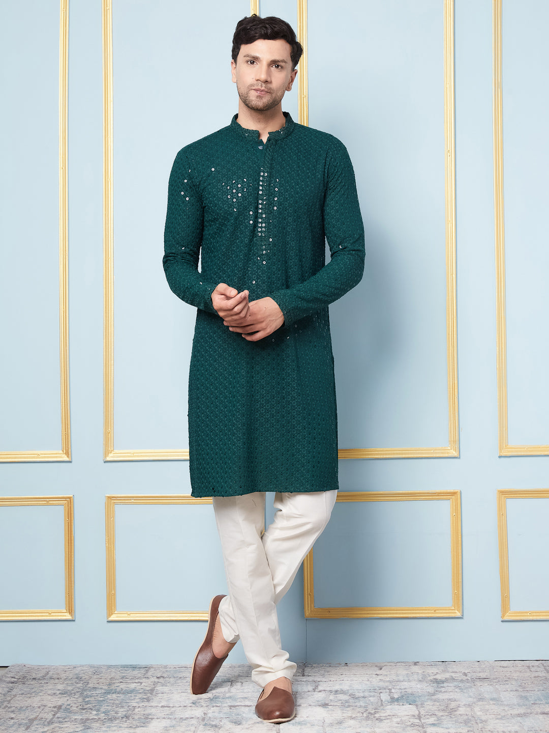 Men Emerald Radiance Embroidered Sequined Rayon Kurta