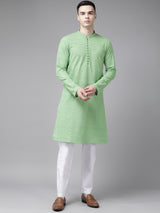 Riwaat.com Men Green Pure Cotton Chikankari Embroidered Straight Kurta With Pajama Riwaat Chikankari Cotton Embroidered Mehendi