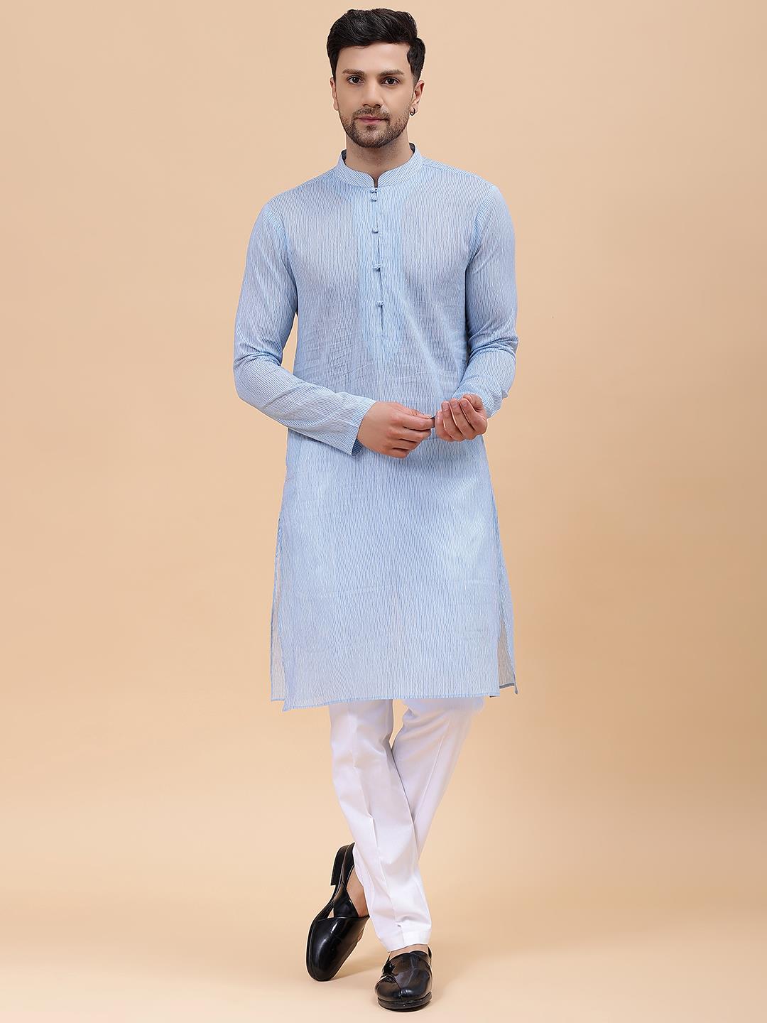 Men Sky Blue & White Pure Cotton Embroidered Straight Kurta With Pajama