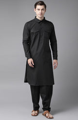 Men Black Pathani Kurta with Salwar