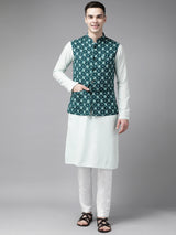 Men Teal Blue & Beige Printed Pure Cotton Nehru Jacket