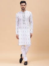 Men White & Black Pure Cotton Embroidered Straight Kurta