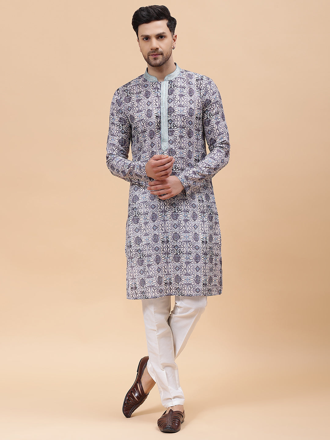 Men Multi Pure Cotton Embroidered Straight Kurta With pyjama
