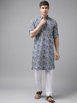 Men Blue Regular Pure Cotton Pathani Printed Men's Kurta