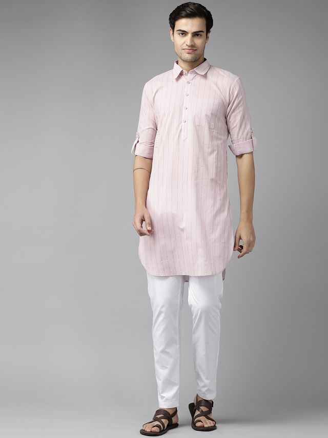 Men Baby Pink Regular Pure Cotton Pathani Printed Men's Kurta