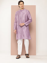 Men Lavender Embroidered Thread Work Chanderi Silk Straight Kurta