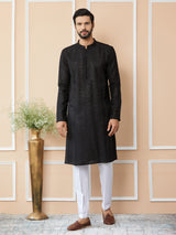 Black Embroidered Thread Work Sequinsed Chanderi Silk Straight Kurta with Pyjama