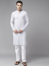 Men Ivory White with Sky Blue Pattern Pure Cotton Embroidered Straight Kurta With Pajama