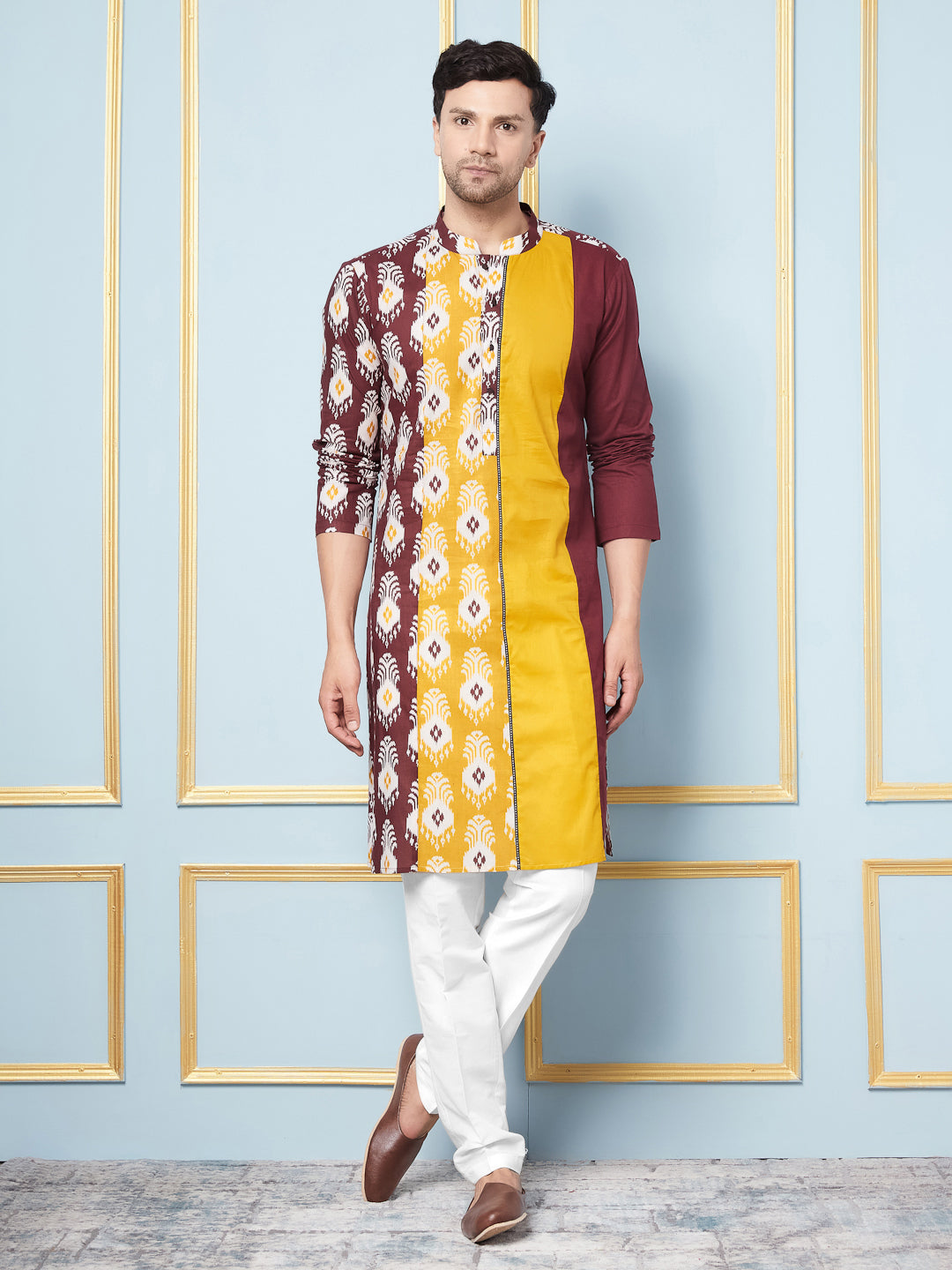 Men Maroon,Mustard and White Printed Kurta With pyjama