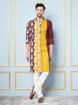 Men Maroon,Mustard and White Printed Kurta With pyjama
