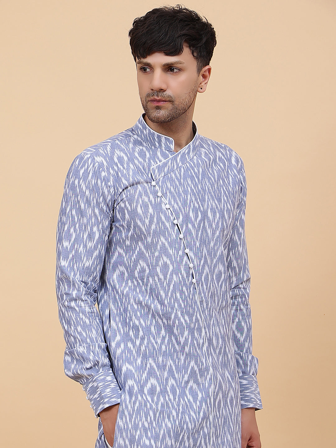 Men Grey And White Printed Kurta