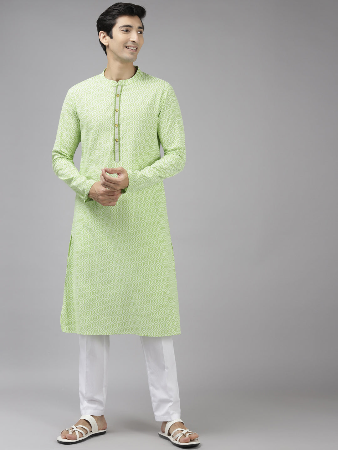 Men White & Lime Green Printed Pure Cotton Straight Kurta With Pajama