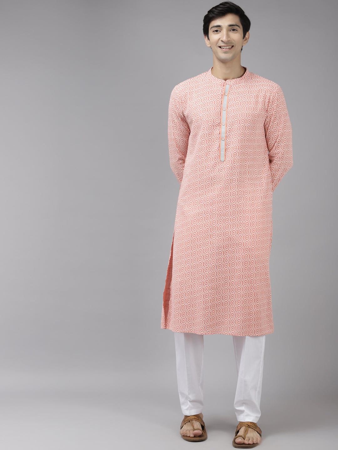 Men Peach-Coloured & White Printed Pure Cotton Straight Kurta With Pajama