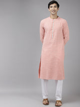 Men Peach-Coloured & White Printed Pure Cotton Straight Kurta With Pajama