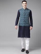 Men Blue Pure Cotton Kurta Pajama With Printed Nehru jacket