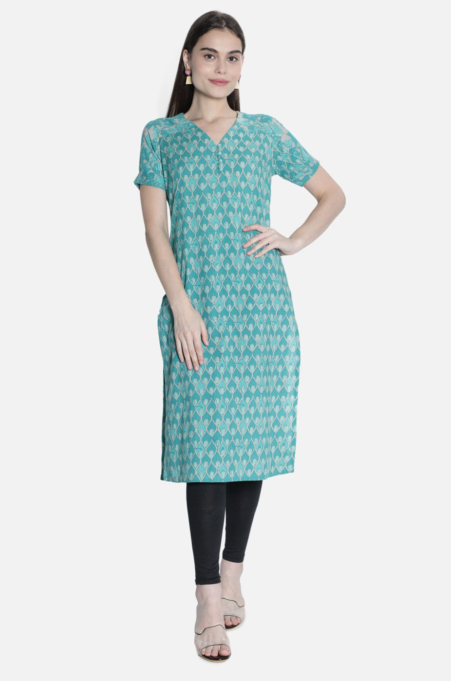 Women Sea Green Printed Straight Kurti