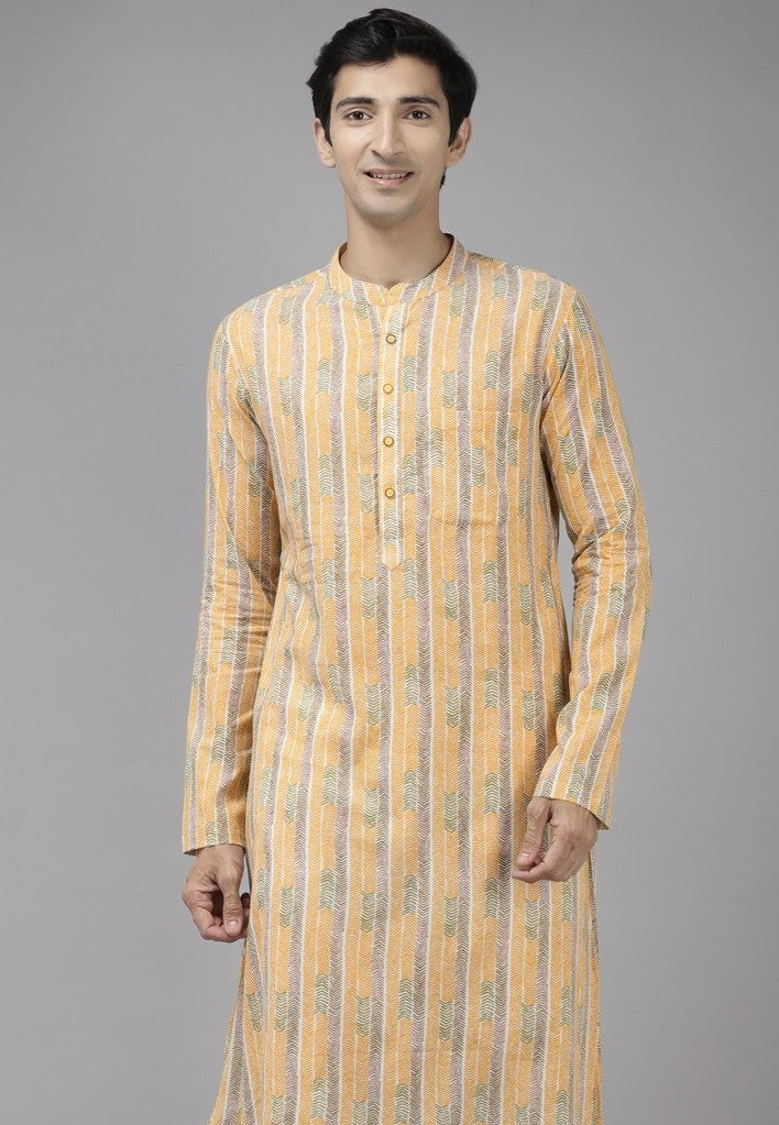 Men Yellow Self Printed Pure Cotton Straight Kurta