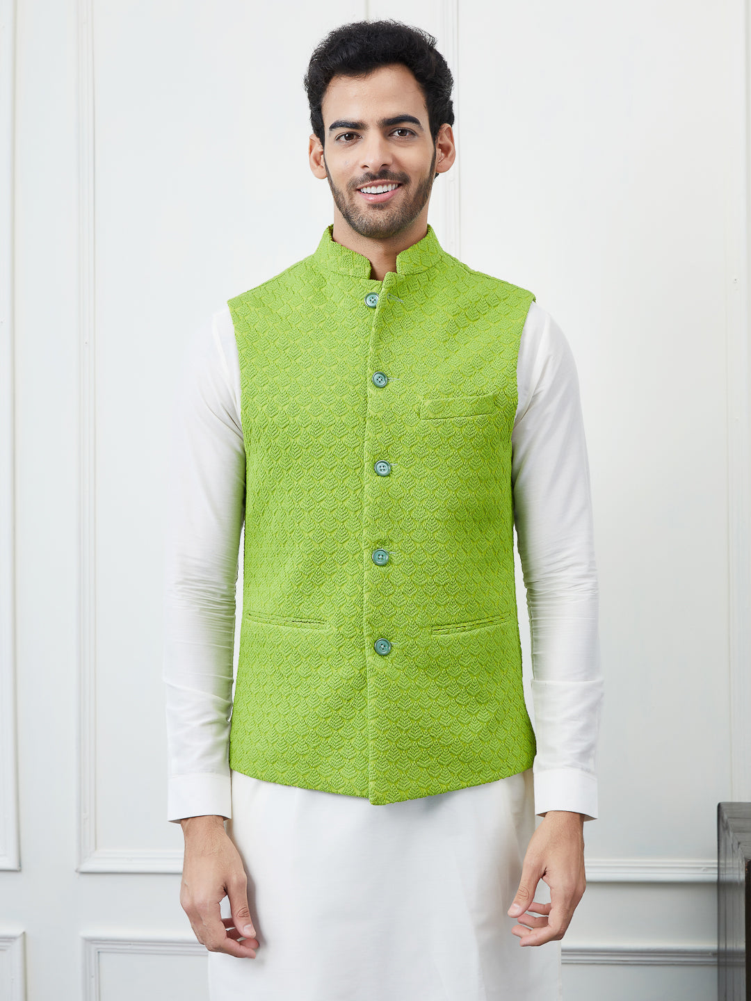 Men Light Green Color Woven Design Embroidery Cotton Nehru Jacket