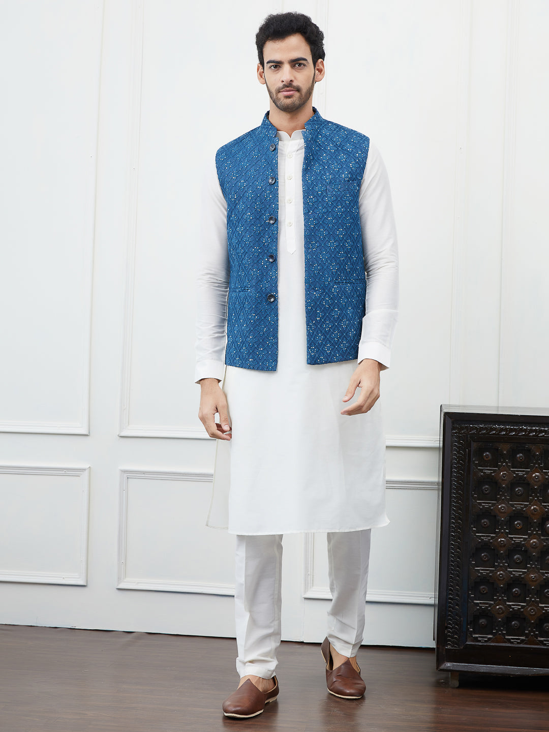 Men Blue Color Woven Design Embroidery With Sequence Cotton Nehru Jacket