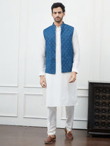 Men Blue Color Woven Design Embroidery With Sequence Cotton Nehru Jacket