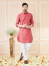 Men Red Cotton Solid Pathani Kurta