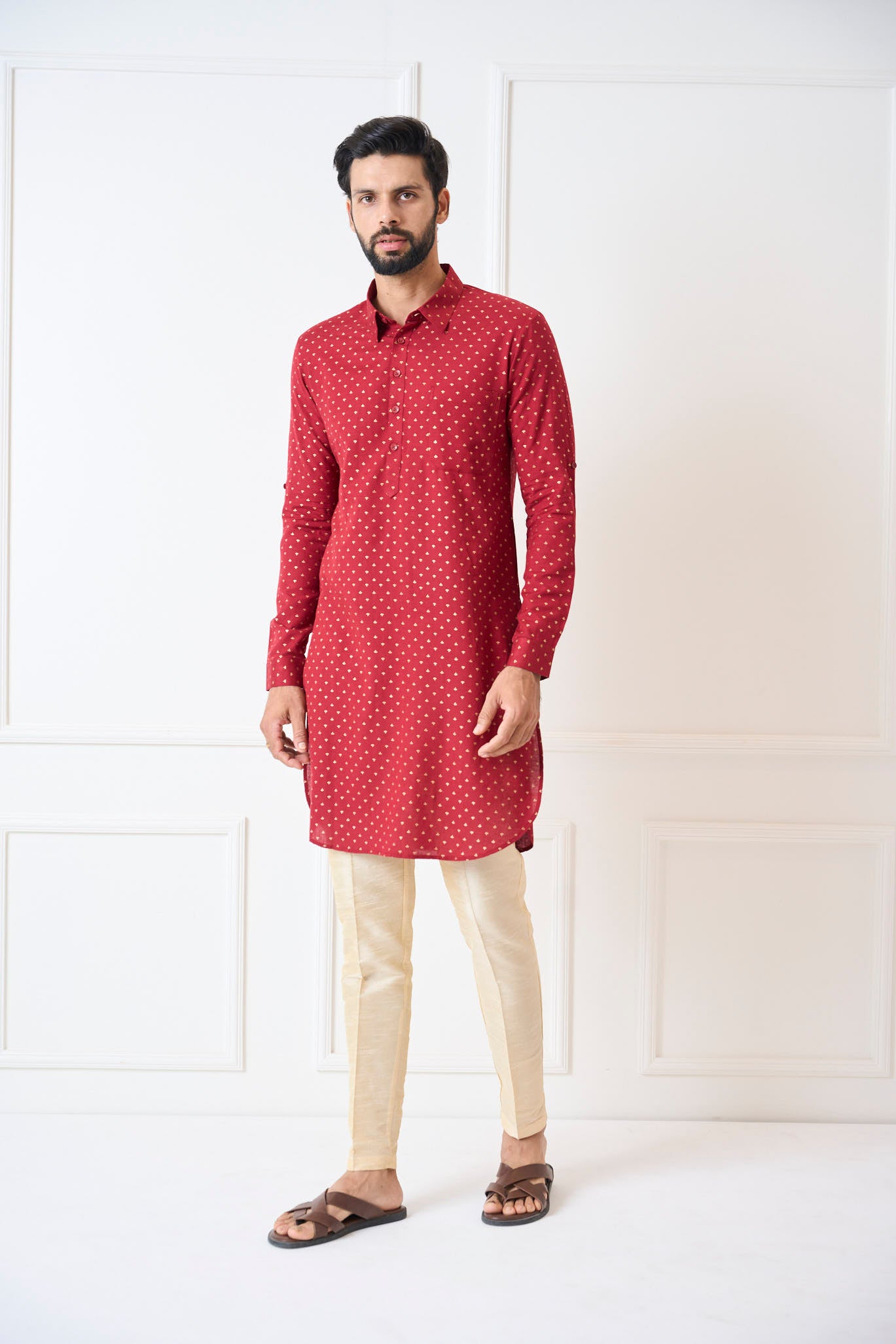 Men Deep Maroon Regular Pure Cotton Pathani Kurta