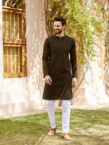 Men Black Cotton Pintex Design Thread Work Kurta With Pajama