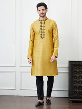 Riwaat.com Men Mustard & Black Embroidery Cotton Kurta Riwaat Embroidered Haldi