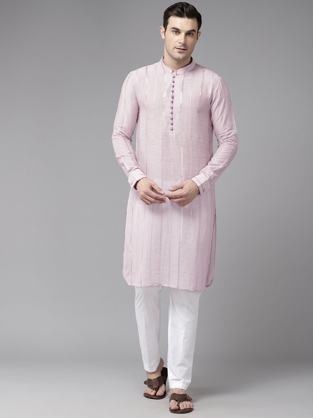 Men Pink Zari Work Silk Woven Design Straight Kurta With Pajama