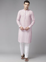 Men Pink Zari Work Silk Woven Design Straight Kurta With Pajama