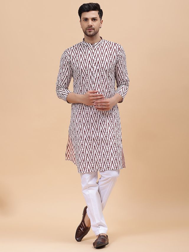 Men Off White & Maroon Pure Cotton Printed Straight Kurta With pyjama